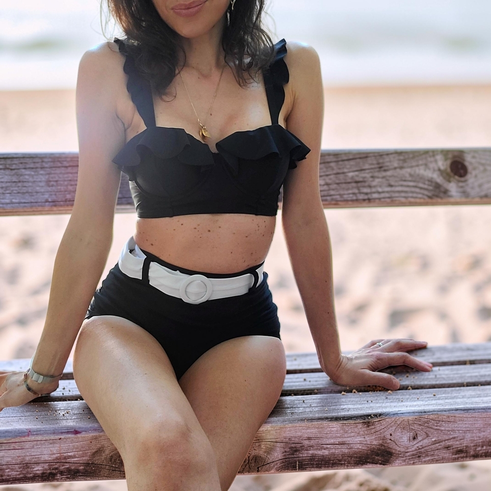 NWT Unique Vintage Black Ruffled Bikini Top